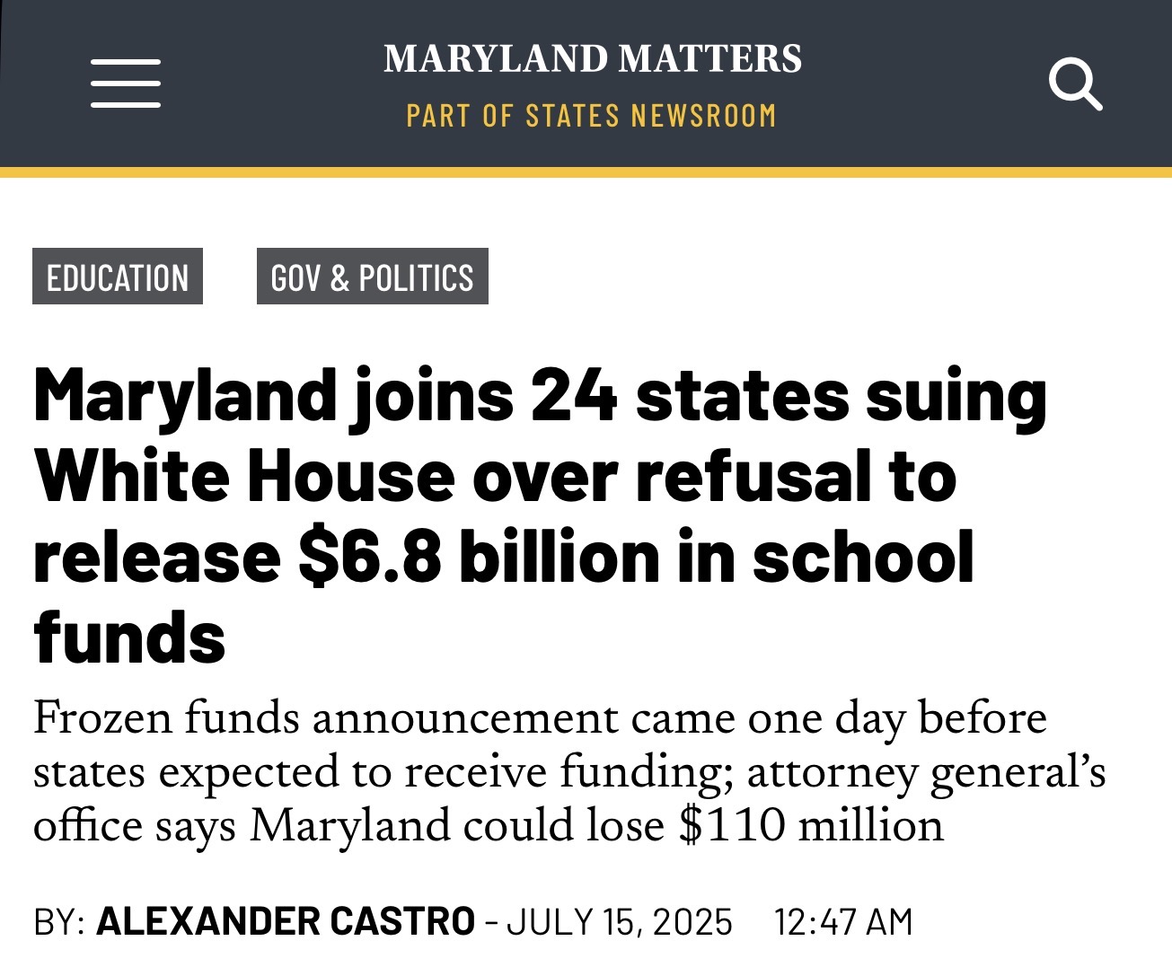 Maryland joins 24 states suing White House over refusal to release $6.8 billion in school funds