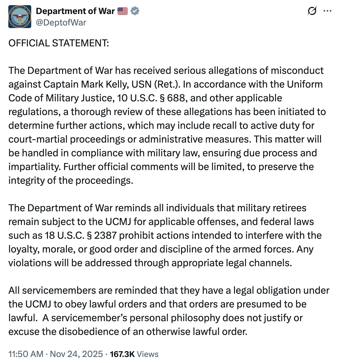 Attack tweet from the Dept of War